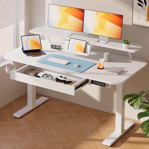 COMHOMA Electric Standing Desk with Drawers, 48 x 24'' Sit Stand up Desk with Monitor Stand, Laptop Stand, Height Adjustable Ergonomic Home Office Computer Desk with Memory Preset Controller
