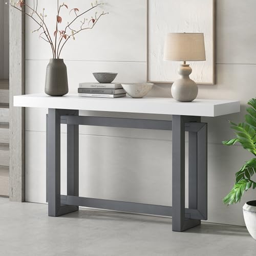 Merax Wood Entryway Console Table, Modern Line Frame with Industrial Concrete Top, for Living Room/Hallway/Foyer, White and Grey