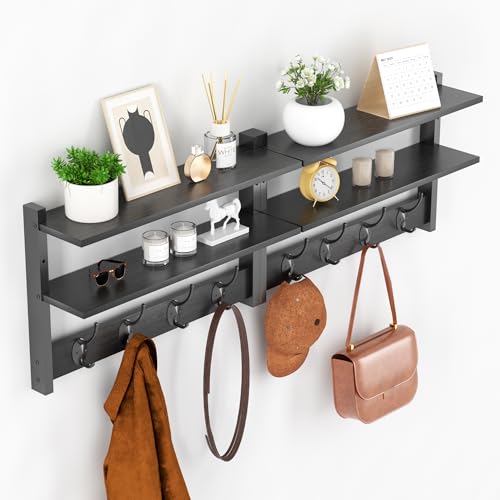 Orapoke 2 Tier Coat Rack Wall Mount with Shelf, 33" Wall Shelf with Hooks, Entryway Key Holder for Wall with 8 Heavy Duty Double Hooks, Coat Hook Wall Mounted for Bedroom, Living Room, Black
