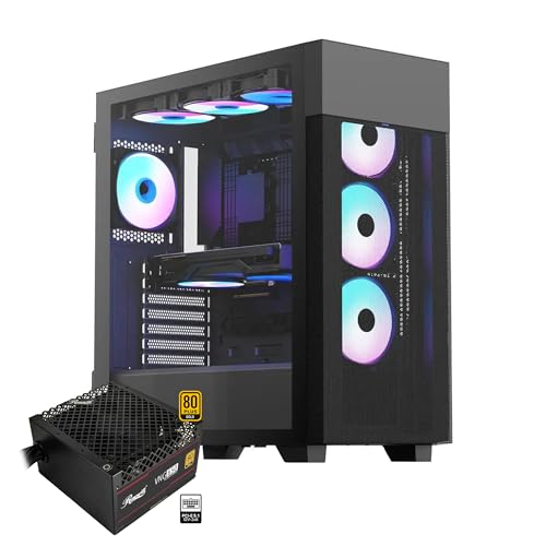 Rosewill FBM-X7 ATX Mid Tower Case - Hinged Tempered Glass Side Panel, High Airflow, 4X PWM ARGB Fans, Pre-Installed 650W 80+ Gold ATX 3.1 Power Supply - Black