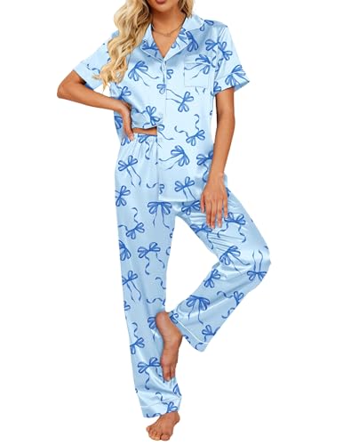 Ekouaer Satin Pajamas Set Women Short Sleeve Silky Pj Soft Button Down Loungewear Pjs Set Blue bow Small