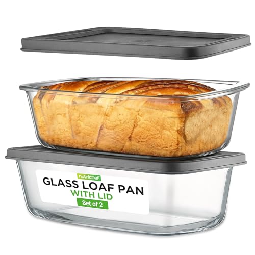 NutriChef 4 Piece Glass Loaf Pan Set with Lids - Stackable 1.9 QT/62oz Glass Bread Baking Dishes - 2 Food Storage Containers + 2 Airtight Lids, Oven & Microwave Safe, Dishwasher Safe - Clear