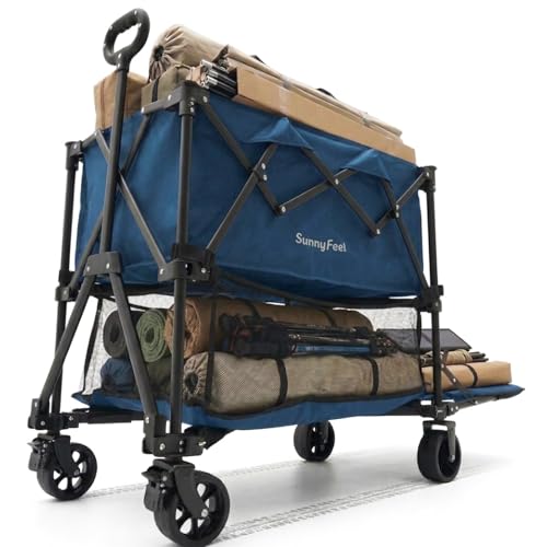 SUNNYFEEL Lightweight 47''L Double Decker Wagon for Sport, 270L Collapsible Wagon Cart,331lbs Collapsible Outdoor Utility Wagon Cart for Shopping Garden Camping,Blue-Lightweight