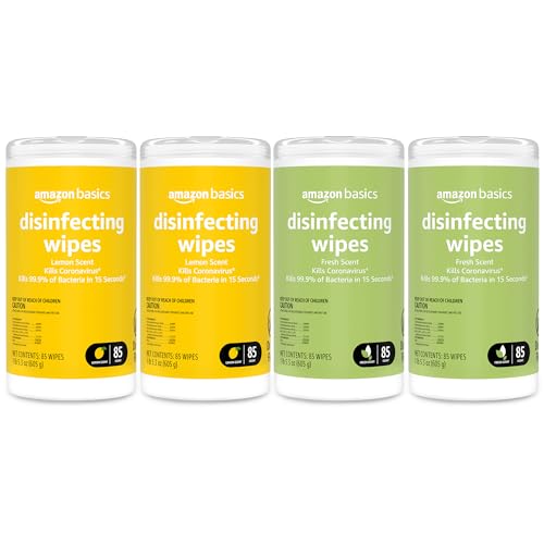 Amazon Basics Disinfecting Wipes, Lemon & Fresh Scent, Thick, Sanitizes/Cleans/Disinfects/Deodorizes, 340 Count (4 Packs of 85)