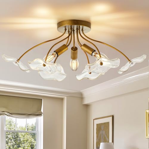 Luvkczc Semi Flush Mount Ceiling Light, Modern Gold Ceiling Light Fixture, Vintage Brass Lighting for Kitchen Entryway Hallway Bathroom Bedroom Foyer, 3 Light E12 Socket