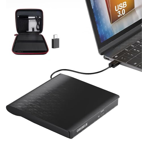 ORIGBELIE External CD DVD Drive for Laptop, USB 3.0 Portable CD DVD Burner Player Reader Writer for MacBook iMac Laptop Desktop PC Windows 11/10/8/7/XP Linux Mac OS with Carrying Case