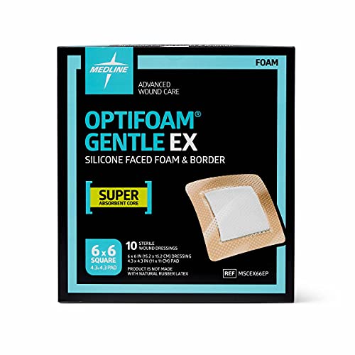 Medline Optifoam Gentle EX Bordered Foam Adhesive Dressing, 6" x 6" Square (10 Count)