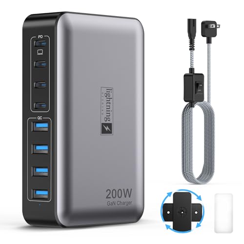 USB C Fast Charger Block 200W, 8 Ports Charging Station for iPhone/Ipad/MacBook, 4C4A GaN Charger Box, Flat Plug Multi Chargers for All Devices 5ft Braided Power Cord with On/Off Switch
