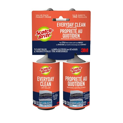 Scotch-Brite Everyday Clean Lint Roller, Lint Remover for Pet Hair, Dark Clothes, Furniture, and Dusty Surfaces, Picks Up Fur & Fluff in Your Home, Car, & Office, 2 Pack, 140 Adhesive Sheets Total
