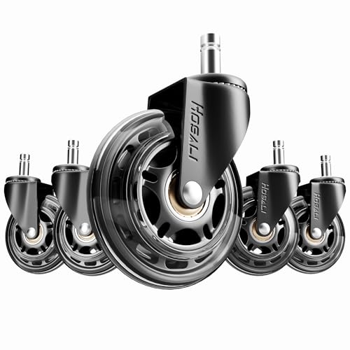 HOSALI 3 Inch Office Chair Wheels - Rubber Chair Casters Replacement, Heavy-Duty Computer Gaming Desk Caster Wheel Smooth & Safe Rolling for All Floors Including Hardwood and Carpet, Set of 5