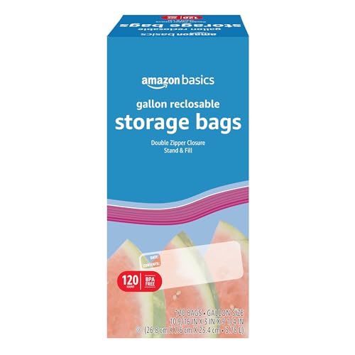 Amazon Basics Reclosable Gallon Food Storage Bags with Double Zipper Seal, Stand and Fill Base, BPA Free, 120 Count