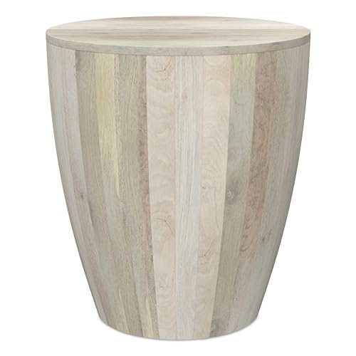 SIMPLIHOME Elmbrook End Table - 21 inch Wide Solid Mango Wood Round Drum Table with Vertical Panel Detailing in White Wash, Modern Nightstand or Plant Stand for Living Room or Bedroom, Assembled
