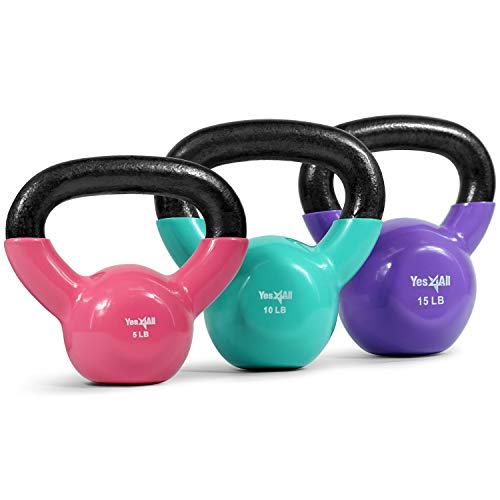 Yes4All Kettlebell, Vinyl Coated Cast Iron Kettlebell Sets 5, 10 & 15lbs for Weights Exercises, Full Body Workout, Push Up, Grip Strength & Strength Training - Multicolor