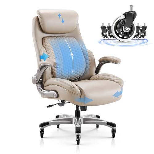 COLAMY Office Ergonomic Desk High Back Executive Chair with Pop-Out Lumbar Support, Upgraded Casters, Adjustable Headrest, Flip-Up Arms, Leather Home with Thick Cushion for Comfort - Khaki