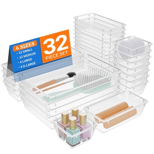 StorMiracle 32 PCS Clear Plastic Drawer Organizer Set, 4-Size vanity organizer Trays and Storage Bins for Makeup, Jewelry and Gadgets in Bedroom, Bathroom and Office, Clear