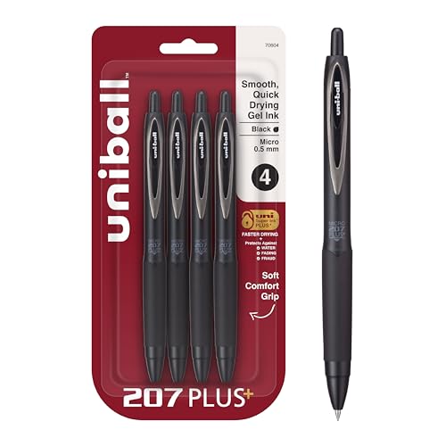 Uni-Ball 207+ Black Retractable Gel Pens 4 Pack with Micro 0.5mm Points, Uni-Ball Click Pens are Fraud Proof and the Best Office, School, and Bible Pens