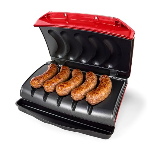Nostalgia Game Day Sausage and Brat 5 Link Electric Grill with Oil Drip Tray, Carry Handle, and Cord Storage, Cooks Beef, Turkey, Chicken, Veggie Sausages, or Hot Dogs