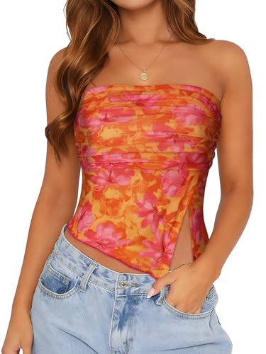 Tube Top Strapless Mesh Floral Crop Tops Asymmetrical Hem Ruched Bandeau Going Out Summer Sleeveless Shirts(Orange Pink Floral Print,XS)