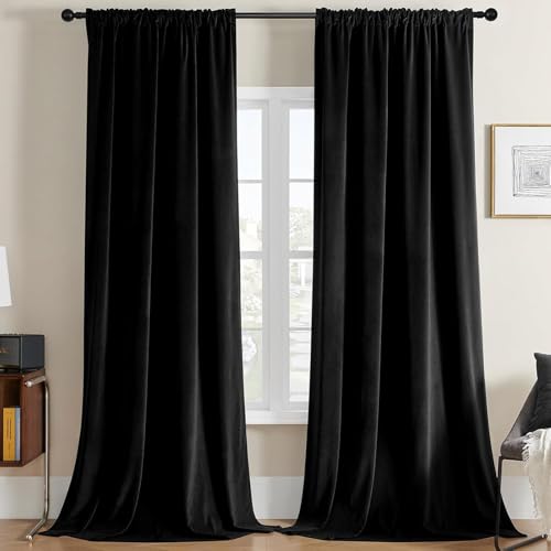 Joydeco Black Velvet Curtains 96 inch Length 2 Panels, Luxury Blackout Rod Pocket Thermal Insulated Window Curtains, Super Soft Room Darkening Drapes for Living Dining Room Bedroom,W52 x L96 inches