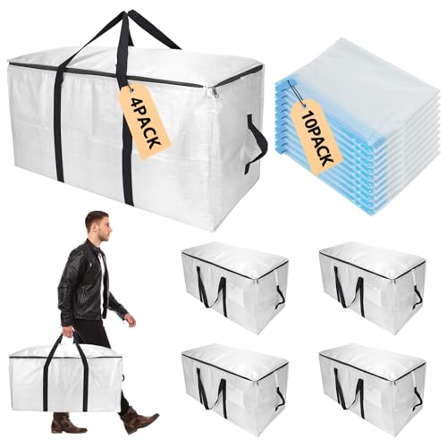 Extra Large Storage Bags Set Heavy Duty Moving Totes with Handles, Waterproof Dual-Way Carrying Design & Vacuum Space Bag,College Dorm,Christmas Decorations(4 Moving bag & 10 Vacuum Seal Bags)