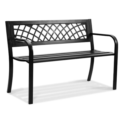 VEVOR Outdoor Bench, 46" Iron Steel Frame Garden Park Bench with Mesh Pattern and Plastic Backrest Armrests, Patio Bench for Garden, Park, Yard, Front Porch