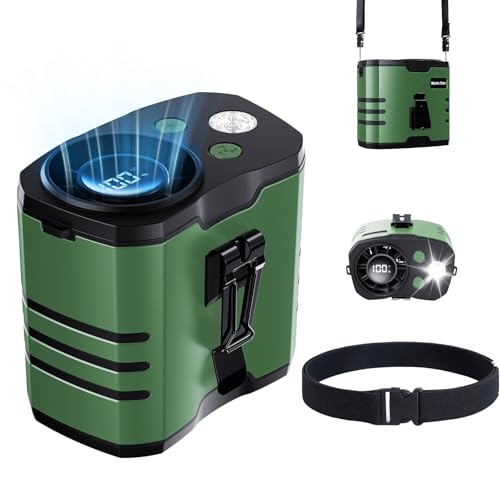 Auxemu Portable Waist Fan, Rechargeable Belt Fan with 10-Speed Turbo Motor, 35H Runtime, 130° Wide Airflow Body Fan with LED Light, Hands-Free Wearable Fan for Outdoor Work, Camping, Fishing (Green)