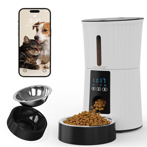 NEWBULIG Automatic Cat Feeder, 4L Timed Pet Feeders with 10s Voice Recorder, Dog Food Dispenser with APP Control, Dry Food, 10 Meals, Programmable 50 Portions, Dual Power Supply, Desiccant Bag