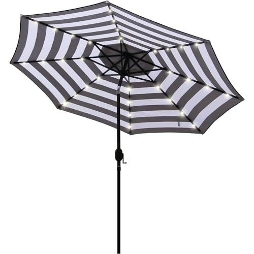 Blissun 9 ft Solar Umbrella 32 LED Lighted Patio Umbrella Table Market Umbrella with Tilt and Crank Outdoor Umbrella for Garden, Deck, Backyard, Pool and Beach (Black and White)