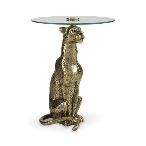 Signature Design by Ashley Vallain Accent Table, Glass End Table with Sculpted Leopard Pedestal Base, Cast Aluminum & Tempered Glass, Antiqued Goldtone, 18-Inch Round