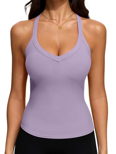 REORIA Workout Tank Tops for Women V Neck Racerback Summer Sleeveless Ribbed Gym Going Out Crop Trendy Cami Top Lavender Purple Medium