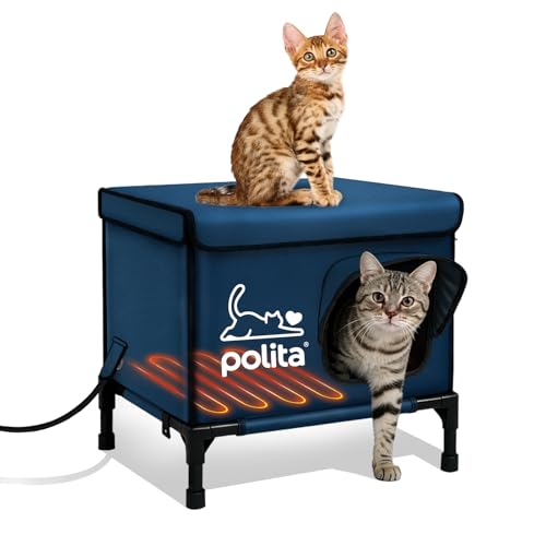 Polita Indestructible Heated Cat House for Outdoor Cats All Seasons, Extremely Insulated & 100% Weatherproof, Elevated Feral Cat Shelter with Waterproof Eaves &Safe Escape Door for Stray & Barn Cats​​