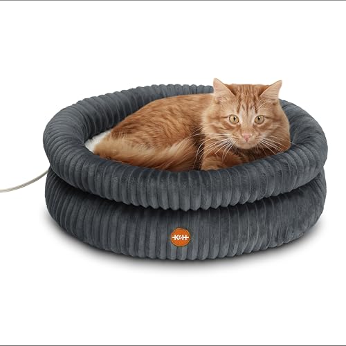 K&H Heated Cat Bed Indoor Thermo Pet Cuddler with Removable Waterproof Cat Heating Pad, Calming Warm Small Dog Donut Bed with Dual Bolsters, Machine Washable, Non Slip Base, MET Listed - Gray 22"