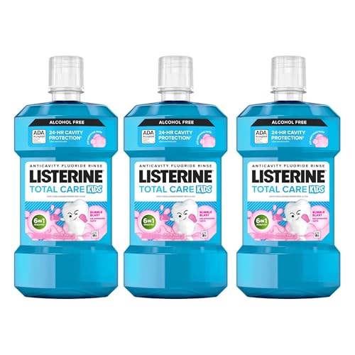 Listerine Total Care Kids Mouthwash, ADA Accepted, Alcohol-Free Anticavity Fluoride Mouthwash, Children's Mouthwash for Cavity Protection and Fresh Breath, Bubblegum Flavor, 500 mL, Pack of 3