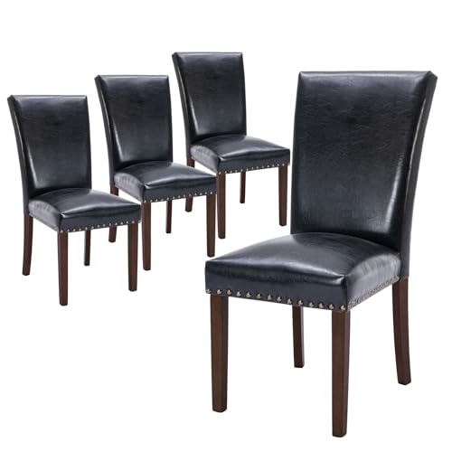 COLAMY Upholstered Parsons Dining Chairs Set of 4, PU Leather Dining Room Kitchen Side Chair with Nailhead Trim and Wood Legs - Black