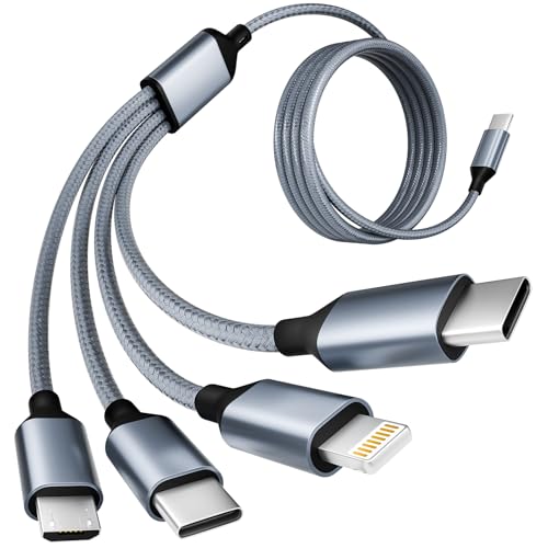 USB C Multi Charging Cable [1Pack 5FT], 4 in 1 Charging Cable Nylon Braided USB-C Multiple Charger Cord with Micro USB,IP Port and 2 Type C Adapter Port for iPhone 16/15 Series/Cell Phones and More