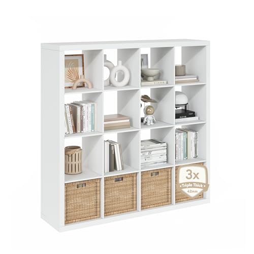 Furinno Cubicle Book Shelf, 16-Cube Bookshelf, Triple Thick Frame Cube Storage Organizer, 1.65" Bookcase, 15.4 x 57.4 x 56.9, for Home Office, Living Room, Plain White