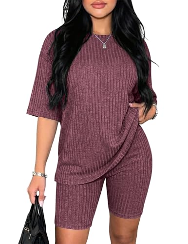 Ekouaer Pajamas 2 Piece Lounge Sets Ribbed Knit Matching Outfits T-shirt Biker Shorts Sleepwear Loungewear Sweatsuits Dark Red