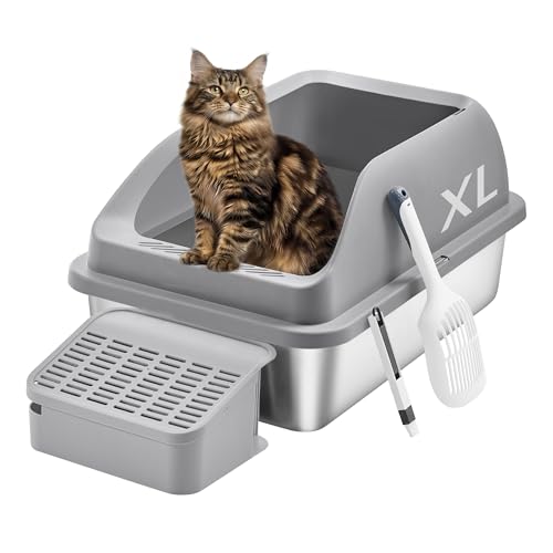 Feandrea Stainless Steel Cat Litter Box with Open Top, High Sided Litter Tray with Step, Scoop, Brush, for Cats up to 33 lb, Dove Gray UPPT008GN01