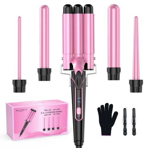Waver Curling Iron Curling Wand - BESTOPE PRO 5 in 1 Curling Wand Set with 3 Barrel Hair Crimper for Women, Fast Heating Crimper Wand Curler in All Hair Type-Pink