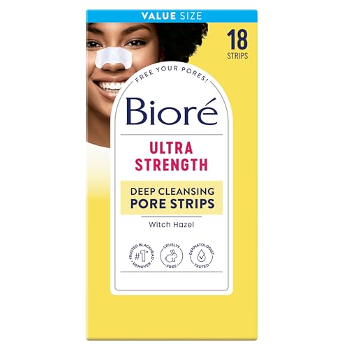Bioré Witch Hazel Ultra Strength Blackhead Remover Pore Strips, Clears Pores up to 2x More than Original Pore Strips, features C-Bond Technology, Oil-Free, Non-Comedogenic Use, 18 Count