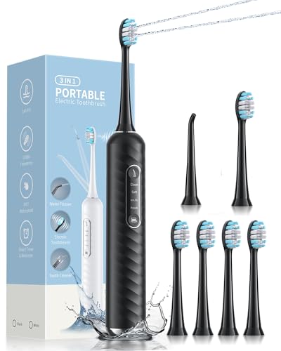 Electric Toothbrush with Water Flosser – 2-in-1 Teeth Cleaning Kit, Electric Toothbrush and flosser Combo，Toothbrush with 4 Cleaning Modes, Portable Water flosser Design for Home & Travel (Black)
