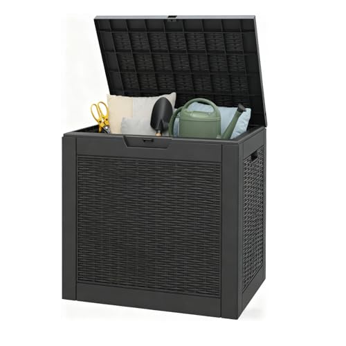 WTFGO Outdoor Storage Box, 35 Gallon Resin Deck Boxes Outdoor Waterproof For Patio Furniture, Garden Tools, Pool Supplies, Lockable And UV Resistant (Rattan Black)