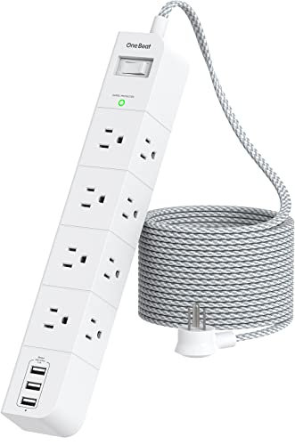 One Beat 10 ft Extension Cord,Power Strip Surge Protector 8 Widely AC Outlets 3 USB,Flat Plug,Desktop Charging Station with Overload Protection,Wall Mount for Home,Office,Travel,Computer ETL Listed