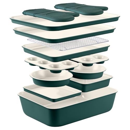 Country Kitchen Nonstick Stackable Bakeware Set - Deluxe Heavy Duty, Durable, Easy Release Baking Set, Sage, 13 Pcs