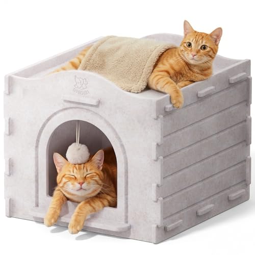 Apasiri Cat Bed Cave for Indoor Cats: New Felt Cat Bed with Fluffy Ball Hanging, Foldable Cat House with Scratch-Resistant Board, Hideaway Cat Cave for Timid Cats, Sturdy Two-Tier Cat Condo - Gray
