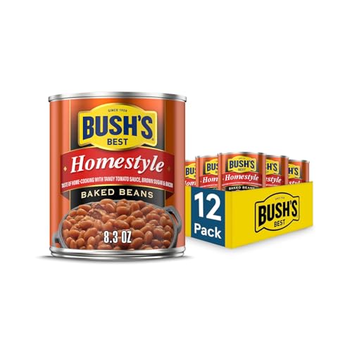 BUSH'S BEST 8.3 oz Canned Homestyle Baked Beans, Source of Plant Based Protein and Fiber, Low Fat, Gluten Free, (Pack of 12)