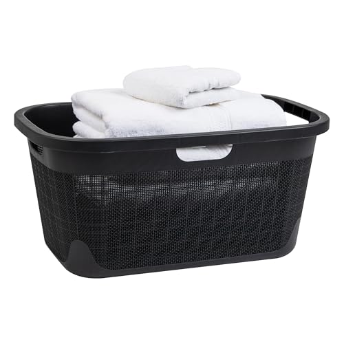 Mind Reader 40L Laundry Basket, Linen Design Clothes Hamper, Plastic Storage Bin with Handles, Black