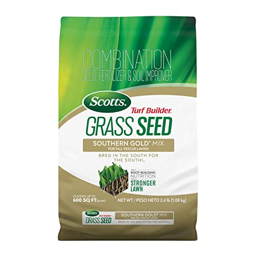 Scotts Turf Builder Grass Seed Southern Gold Mix for Tall Fescue Lawns - Tall Fescue Grass Seed Plus Lawn Fertilizer and Soil Improver, Covers Up To 600 sq. ft., 2.4 lb.