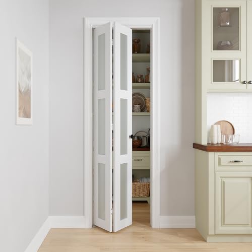 COSHOMER Bifold Doors for 24" x 80-3/4" Opening, 3-lite Tempered Frosted Glass Closet Folding Doors with Hardware kit Included, Easy Assembly, White