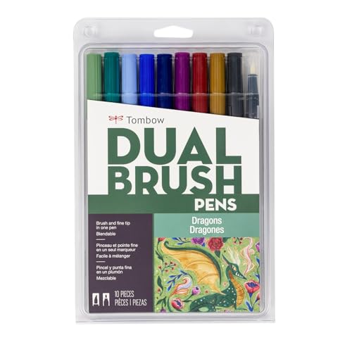 Tombow 56257 Dual Brush Pen Art Markers, Dragons, 10-Pack, Water-Based Ink, for Hand Lettering, Watercolor, Fine Art, Illustrations